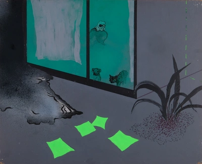 Father's Shop (illustration for Sanatorium Under the Sign of the Hourglass by Bruno Schulz), 1974, acrylic on wood, 61 x 50 cm