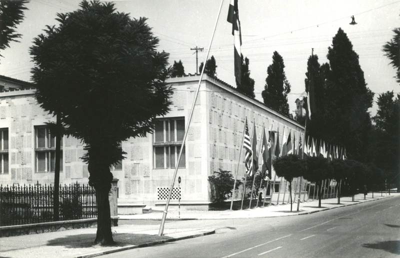 The front of Moderna galerija with flags (during the 1st International Exhibition of Graphic Arts), 1955.