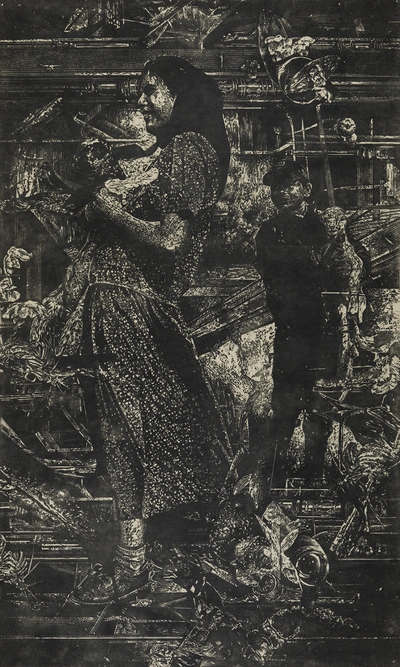 Helena Tahir, Grafika (5), iz serije Poetika otroštva, 200 x 120 cm, linorez in ročni tisk na filc, 2020.