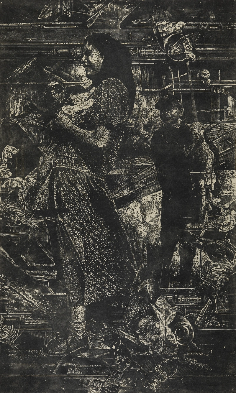 Helena Tahir, Grafika (5), iz serije Poetika otroštva, 200 x 120 cm, linorez in ročni tisk na filc, 2020.