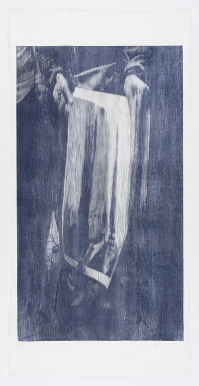 Oliver Pilić, The Extention of time, 2024, woodcut, 200 x 100 cm