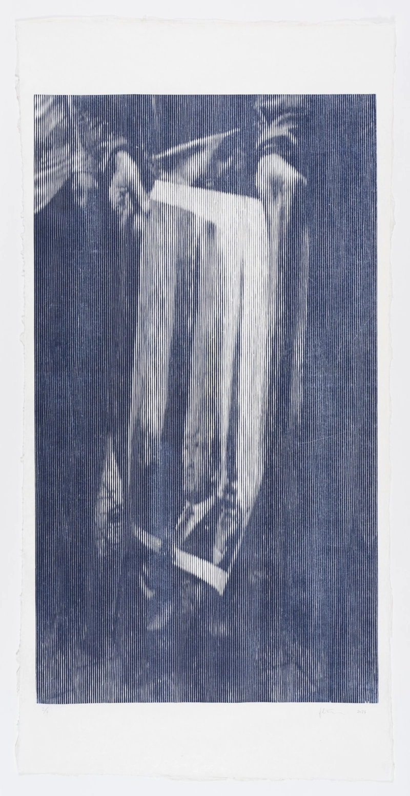 Oliver Pilić, The Extention of time, 2024, woodcut, 200 x 100 cm