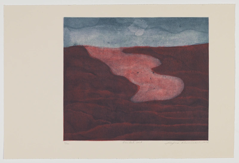 Soghra Khurasani, Flooded Red, 2023, etching.